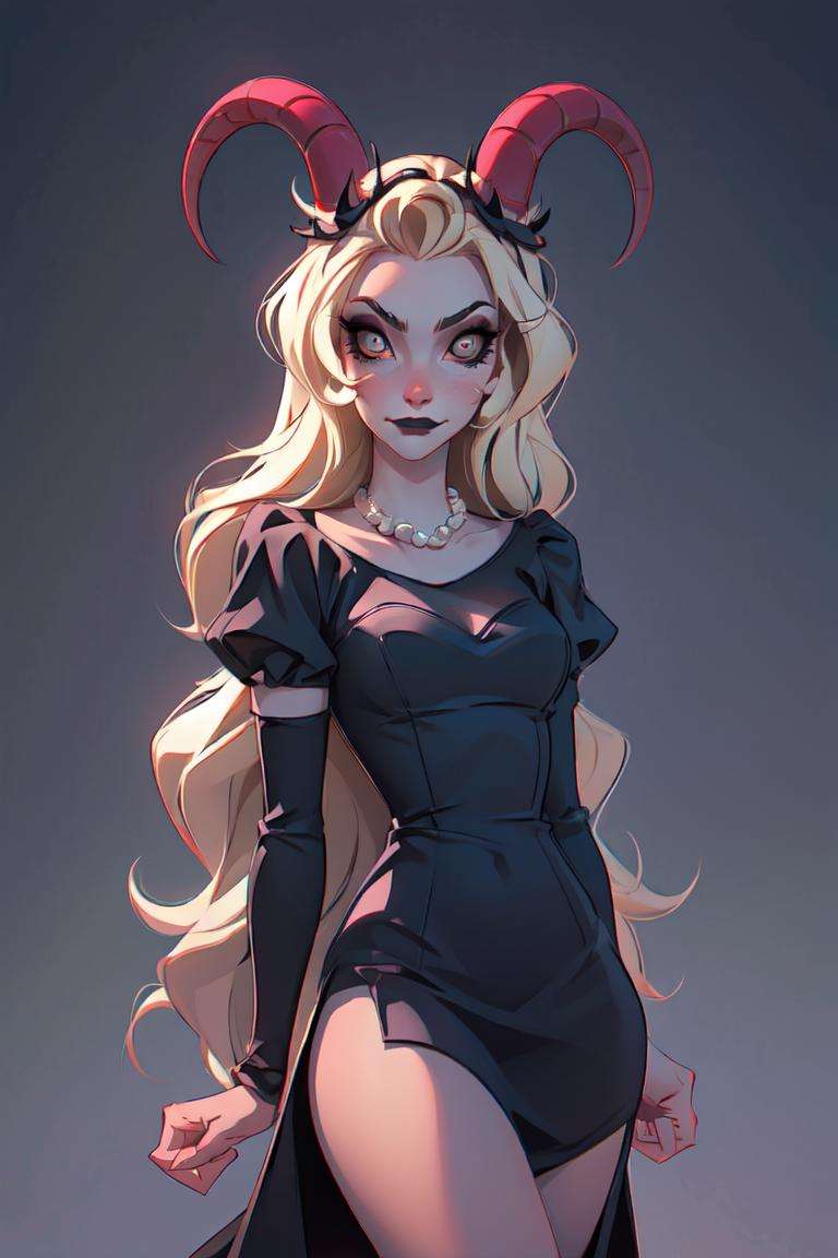 (Lilith:1.2), (grey/gray skin, grey sclera, long blonde hair, white iris, demon horns, makeup), (DefaultOutfit:1.2), (black dress:1.5), (castle, inside a castle, Victorian theme), (realistic:1.2), (masterpiece:1.2), (full-body-shot:1),(Cowboy-shot:1.2), neon lighting, dark romantic lighting, (highly detailed:1.2),(detailed face:1.2), (gradients), colorful, detailed eyes, (detailed landscape:1.2), (natural lighting:1.2), (powerful pose:1.2), (solo, one person, 1girl:1.5),<lora:LilithHazbinHotel-10:0.9> <lora:add_detail:0.15> <lyco:coloredSkin-08:0.45>