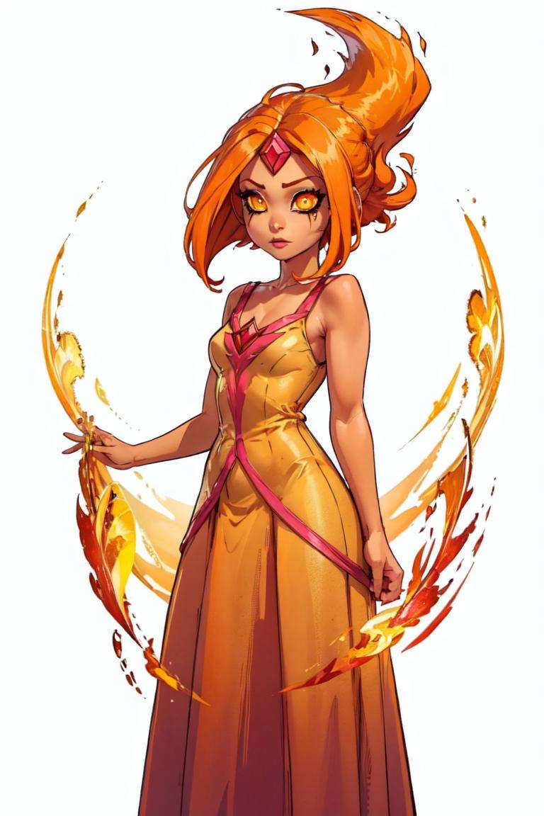 (FlamePrincess:1.2), (orange skin, orange eyes, yellow sclera, gem, flame hair:1.5), (PrincessOutfit, orange ballgown:1.5), (white background:2), (realistic:1.2), (masterpiece:1.2), (full-body-shot:1),(Cowboy-shot:1.2), neon lighting, dark romantic lighting, (highly detailed:1.2),(detailed face:1.2), (gradients), colorful, detailed eyes, (detailed landscape:1.2), (natural lighting:1.2), (cute pose:1.2), (solo, one person, 1girl:1.5), standing, <lora:FlamePrincessAdventureTime-10:0.8>   <lyco:coloredSkin-08:0.4>