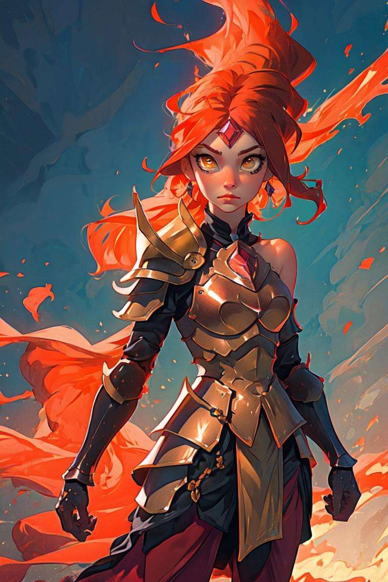 (FlamePrincess:1.2), (orange skin:1.5), orange eyes, yellow sclera, gem, (fire hair:1.2), (armor, bronze armor, red details, shoulder armor:1.5), (realistic:1.2), (masterpiece:1.2), (full-body-shot:1),(Cowboy-shot:1.2), neon lighting, dark romantic lighting, (highly detailed:1.2),(detailed face:1.2), (gradients), colorful, detailed eyes, (detailed landscape:1.2), (natural lighting:1.2), (shy pose, cute:1.2), (solo, one person, 1girl:1.5),<lora:FlamePrincessAdventureTime-10:0.9> <lora:add_detail:0.15> <lora:hipoly3DModelLora_v10:0.05> <lora:RSERomantic_RSESofiko_RSEEmma-v1:0.1> <lora:BeautifulEyes:0.65> <lyco:coloredSkin-08:0.45>