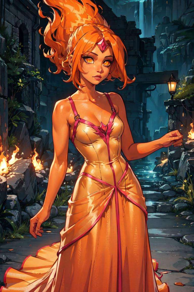 (FlamePrincess:1.2), (orange skin, orange eyes:1.5), yellow sclera, gem, (flame hair, short hair),(PrincessOutfit, ballgown:1.2), (realistic:1.2), (masterpiece:1.2), (full-body-shot:1),(Cowboy-shot:1.2), neon lighting, dark romantic lighting, (highly detailed:1.2),(detailed face:1.2), (gradients), colorful, detailed eyes, (detailed landscape:1.2), (natural lighting:1.2), (cute pose:1.2), (solo, one person, 1girl:1.5), standing, <lora:FlamePrincessAdventureTime-10:0.8>   <lyco:coloredSkin-08:0.4>