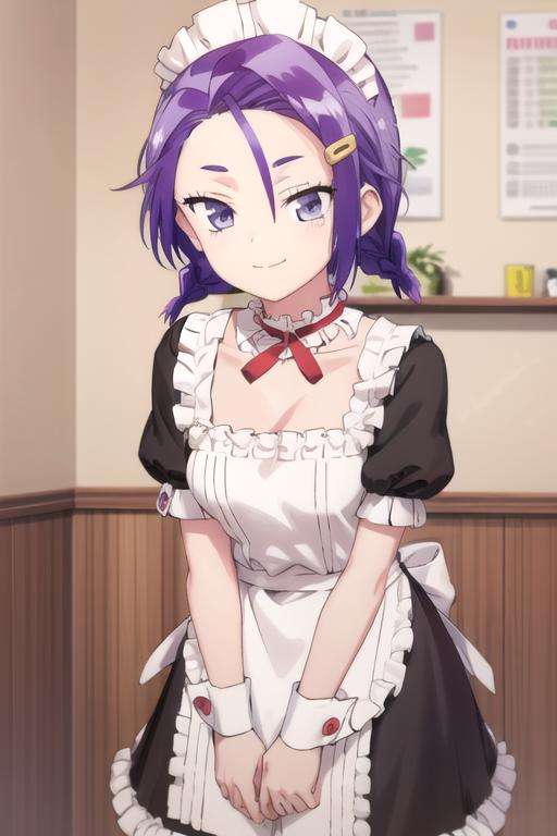 (extremely detailed CG unity 8k wallpaper), (masterpiece), (best quality), (ultra-detailed), (best illustration), (best shadow), (absurdres), 1girl, solo, <lora:asumi_v2:0.8>, kominami asumi, maid, maid headdress, choker, wrist cuffs, short sleeves, parted bangs, hairclip, smile, closed mouth, leaning forward, v arms, own hands together, cafe