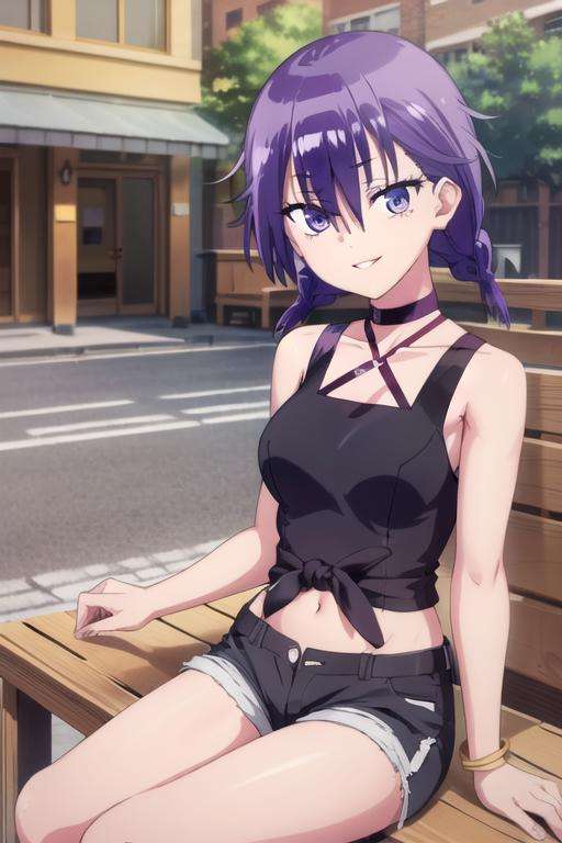 (extremely detailed CG unity 8k wallpaper), (masterpiece), (best quality), (ultra-detailed), (best illustration), (best shadow), (absurdres), 1girl, solo, <lora:asumi_v2:0.8>, kominami asumi, black shirt, sleeveless, hair between eyes, jewelry, choker, navel, bare shoulders, shorts, outdoors, parted lips, smile, sitting, looking at viewer