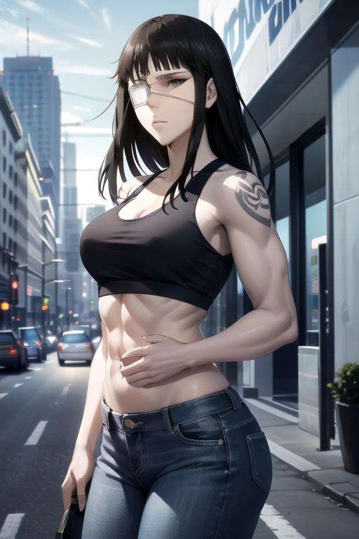 (extremely detailed CG unity 8k wallpaper), (masterpiece), (best quality), (ultra-detailed), (best illustration), (best shadow), (absurdres), 1girl, solo, <lora:valmet:0.8>, valmet, medical eyepatch, brown eyes, muscular female, black tank top, midriff, jeans, arm tattoo, long hair, looking at viewer, expressionless, street, cityscape