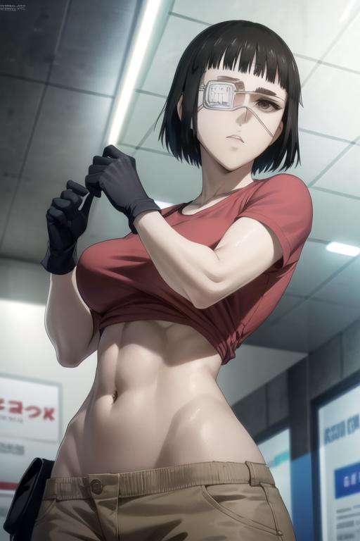 (extremely detailed CG unity 8k wallpaper), (masterpiece), (best quality), (ultra-detailed), (best illustration), (best shadow), (absurdres), 1girl, solo, <lora:valmet:0.8>, valmet, medical eyepatch, brown eyes, muscular female, short hair, t-shirt, black gloves, looking at viewer, shaded face