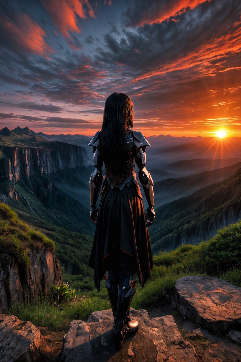 1girl, solo, long black hair, fantasy world, scenery, (from behind), (landscape), mountains, (sunset), clouds, peaceful, (girl standing on cliff),mecha musume