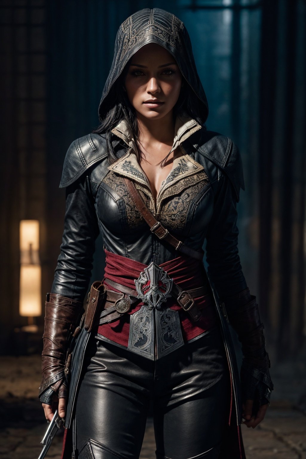 (cowboy shot), High quality, 1woman, beautiful face, perfect body, assassin's creed, solo, black hair, assassin's armor, assassin's pants, assassin's boots, black-colored apparel