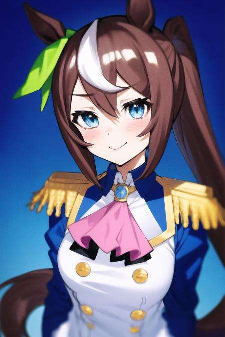 mika pikazo, tokai teio \(umamusume\), 1girl, animal ears, ascot, blue eyes, blush, brown hair, closed mouth, collared shirt, epaulettes, horse ears, long hair, looking at viewer, multicolored hair, pink ascot, ponytail, shirt, smile, solo, streaked hair, two-tone hair, upper body, white hair, wing collar, umamusume<lora:mika_pikazo:0.65>