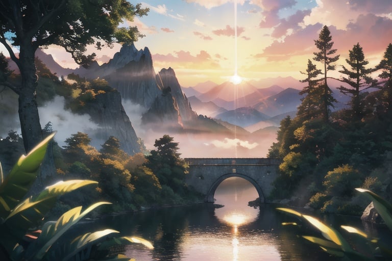 masterpiece,extremely detailed CG unity 8k wallpaper,scenery,outdoors,sky,day,no humans,mountain,landscape,water,(tree:1.2),blue sky,waterfall,cliff,nature,Mountain mist,(sunset:1.2),stone bridge on the hill,lake,river,award winning photography,HDR,extremely detailed,trending on artstation,(light_rays:1.2),(Plants cover mountains:1.2),strending on CGsociety,Intricate,dramatic,motion blur,depth of field,cinematic lighting,chiaroscuro,ray tracing,Bokeh,Depth of Field,bloom,Chromatic Aberration,Photorealistic,High Detail,award winning,best quality,best quality,high quality,