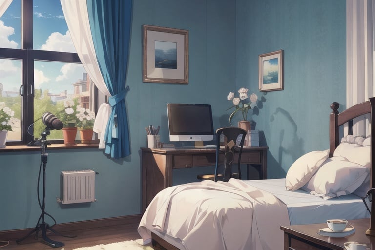 Bare thigh,extremely detailed CG unity 8k wallpaper,illustration,lens 135mm,masterpiece,best quality,no humans,flower,virtual youtuber,indoors,bed,pillow,window,stuffed toy,girl’s bedroom,table,cat,stuffed animal,bell,chair,curtains,cloud,microphone,rose,day,white flower,neck bell,english text,sky,plant,scenery,blue tone,no human<lora:room:1>.,