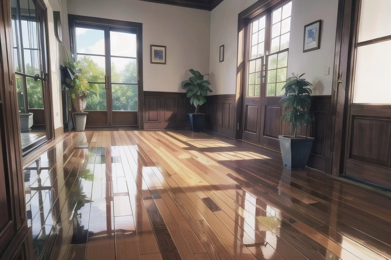 (masterpiece),(high quality),best quality,real,(realistic),super detailed,(full detail),(4k),8k,no humans,scenery,window,reflective floor,plant,sunlight,indoors,day,reflection,door,sky,watermark,potted plant,blue sky,wood flooring,