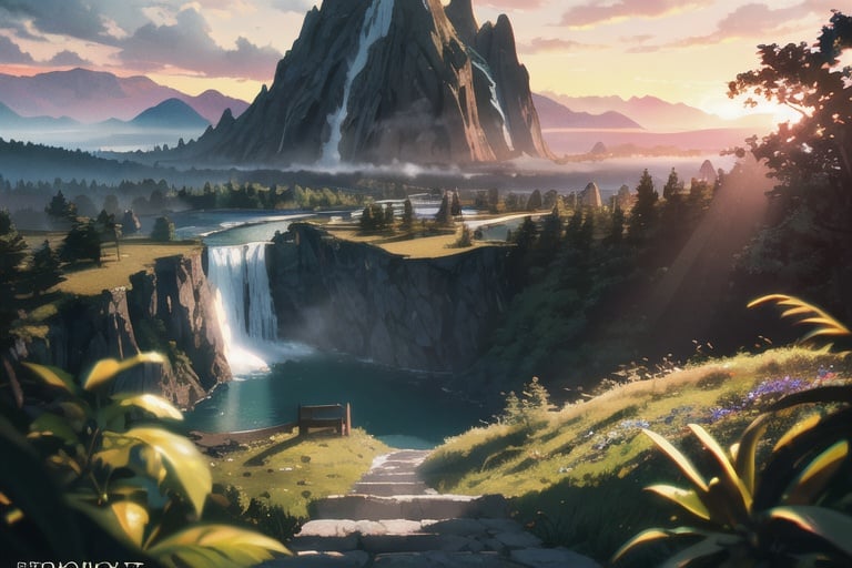 masterpiece,extremely detailed CG unity 8k wallpaper,scenery,outdoors,sky,day,no humans,mountain,landscape,water,(tree:1.2),blue sky,waterfall,cliff,nature,Mountain mist,(sunset:1.2),stone bridge on the hill,lake,river,award winning photography,HDR,extremely detailed,trending on artstation,(light_rays:1.2),(Plants cover mountains:1.2),strending on CGsociety,Intricate,dramatic,motion blur,depth of field,cinematic lighting,chiaroscuro,ray tracing,Bokeh,Depth of Field,bloom,Chromatic Aberration,Photorealistic,High Detail,award winning,best quality,best quality,high quality,