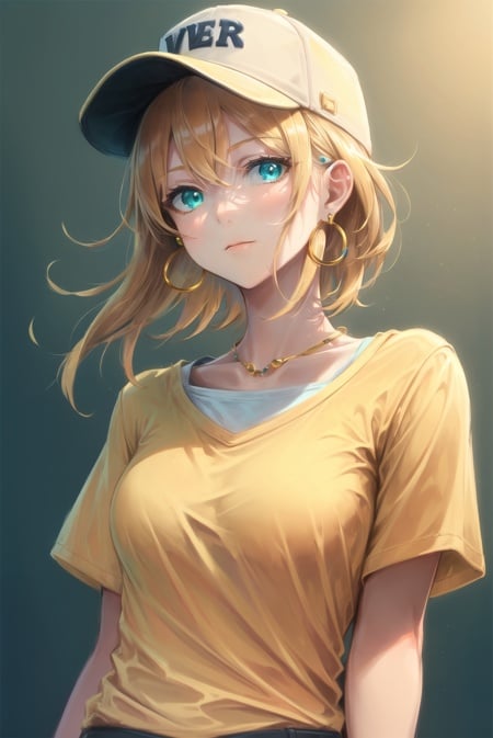 masterpiece, best quality, 1girl, aqua eyes, baseball cap, blonde hair, closed mouth, earrings, green background, hat, hoop earrings, jewelry, looking at viewer, shirt, short hair, simple background, solo, upper body, yellow shirt <lora:phoenix_offset:1>