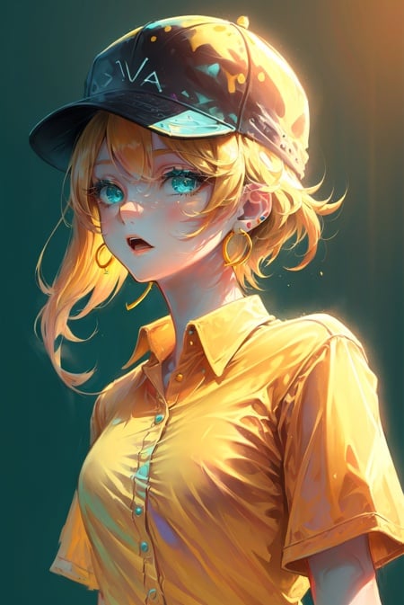 masterpiece, best quality, 1girl, aqua eyes, baseball cap, blonde hair, closed mouth, earrings, green background, hat, hoop earrings, jewelry, looking at viewer, shirt, short hair, simple background, solo, upper body, yellow shirt <lora:phoenix_offset:1>