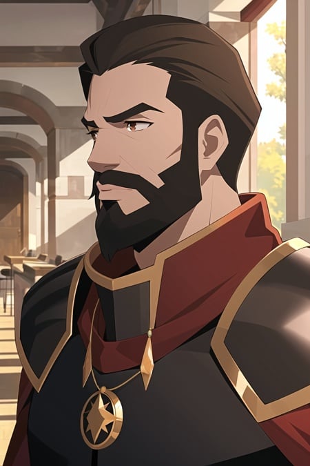 indoors, laboratory, detailed background,1boy, handsome, male focus, solo, portrait, upper body, beard, brown hair, brown eyes, red scarf, leather armor, pendant, jewelry, black stone,, ((masterpiece))<lora:western_animation_style:1>