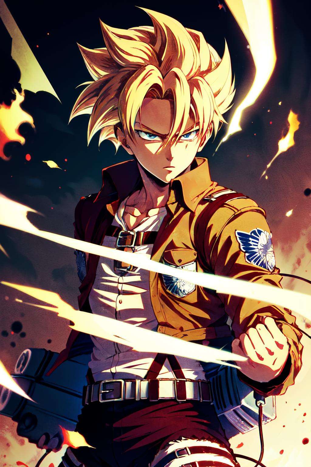 Highly detailed, High Quality, Masterpiece, beautiful, SuperSaiyan, <lora:SuperSaiyanHair:0.5>, 1boy, solo, cowboy shot, blonde hair, super saiyan, spiked hair, aura, electricity, ((1man)), (Levi Ackermann), attack on titan, <lora:Char_AOT_LeviAckerman:0.7>