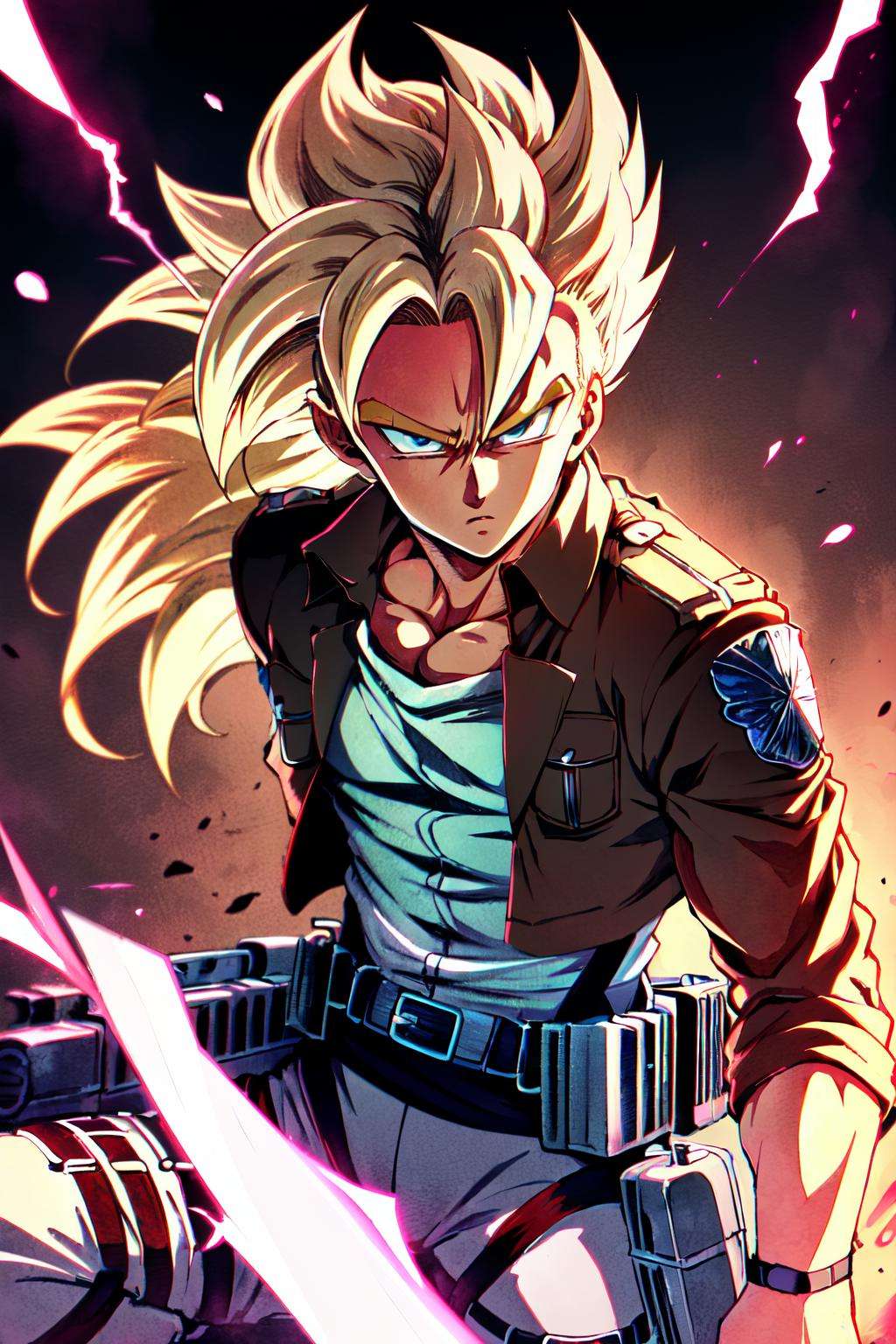 Highly detailed, High Quality, Masterpiece, beautiful, SuperSaiyan, <lora:SuperSaiyanHair:0.7>, 1boy, solo, cowboy shot, blonde hair, super saiyan, spiked hair, aura, electricity, ((1man)), (Levi Ackermann), attack on titan, <lora:Char_AOT_LeviAckerman:0.7>, long hair