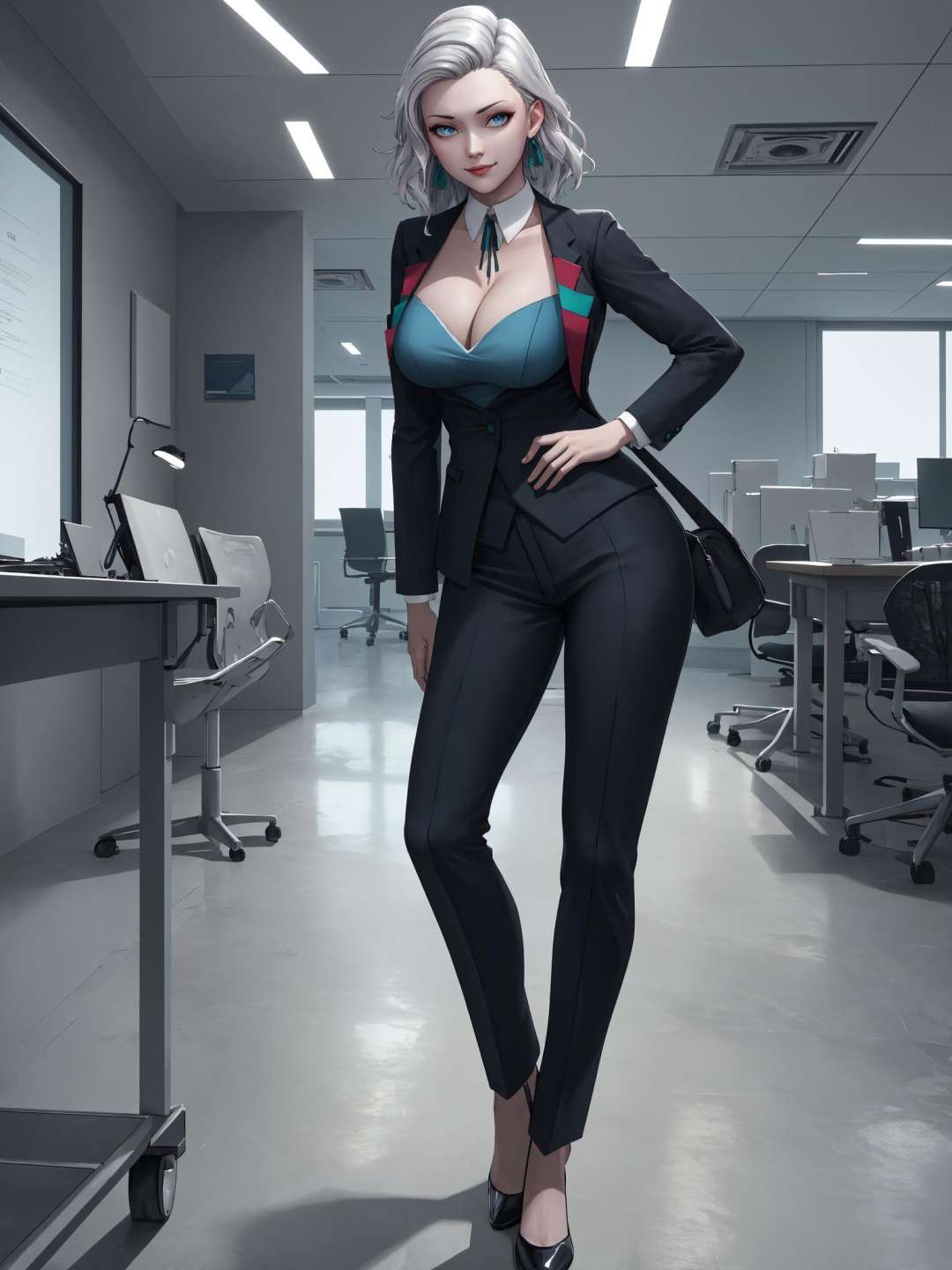 (masterpiece, best quality), indoors, office, full body, 1girl, solo, lilysub, blue eyes, <lora:LilySubverse_V1-Manityro:1.0>, looking at viewer, earrings,  cleavage, smile, neck ribbon, business suit, suit pants, toned