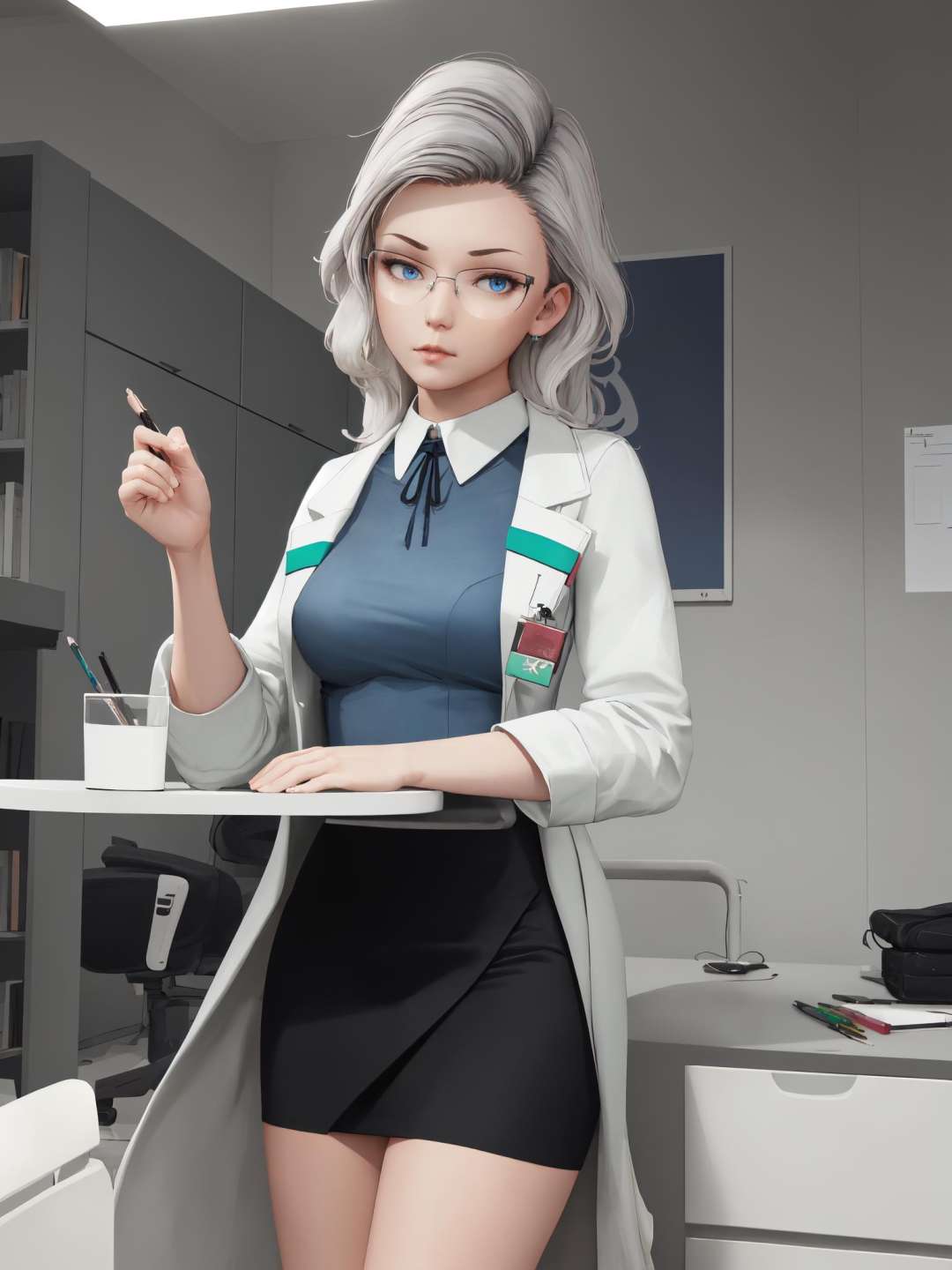 (masterpiece, best quality), indoors, office, hightech, cowboy shot, 1girl, solo, lilysub, blue eyes, <lora:LilySubverse_V1-Manityro:1.0>, looking at viewer, sitting, on table, mature female, semi-rimless eyewear, neck ribbon, labcoat, business shirt, pencil skirt