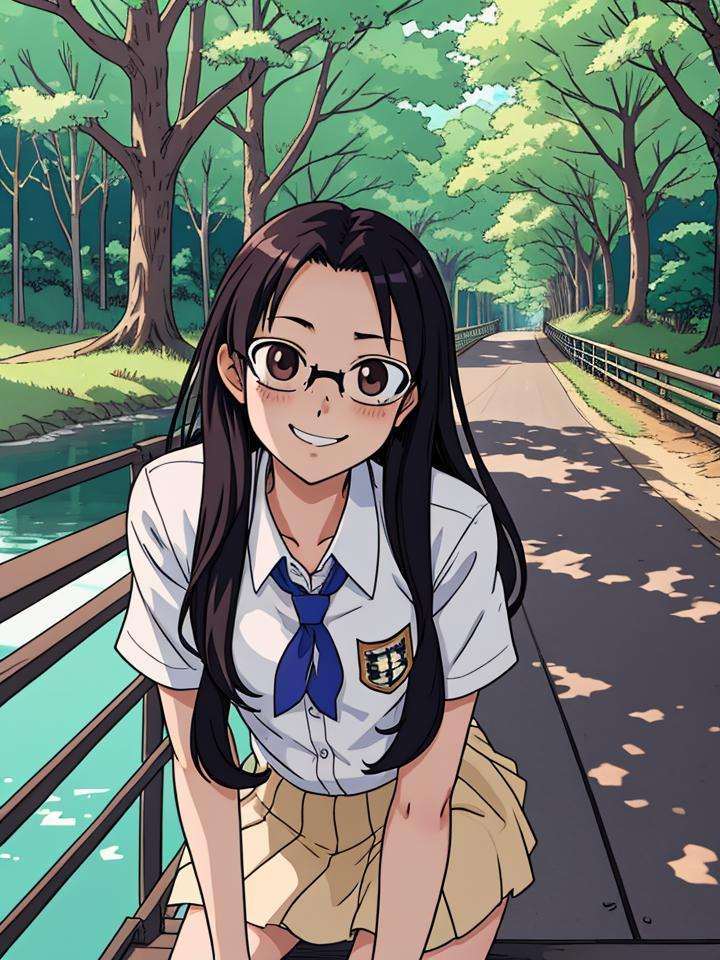 nagatoro hayase, masterpiece, portrait, official art, 1girl, high school girl, summer uniform, black hair, brown eyes, brown skin, happy, leaning on a bridge, park, trees