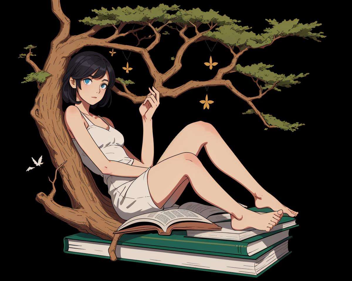 1girl on a book, tree, black background