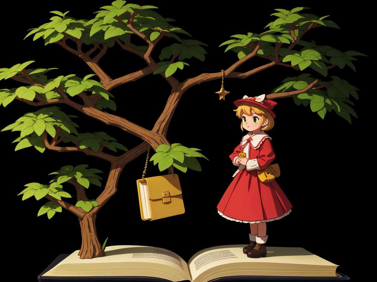 1girl on a book, tree, black background