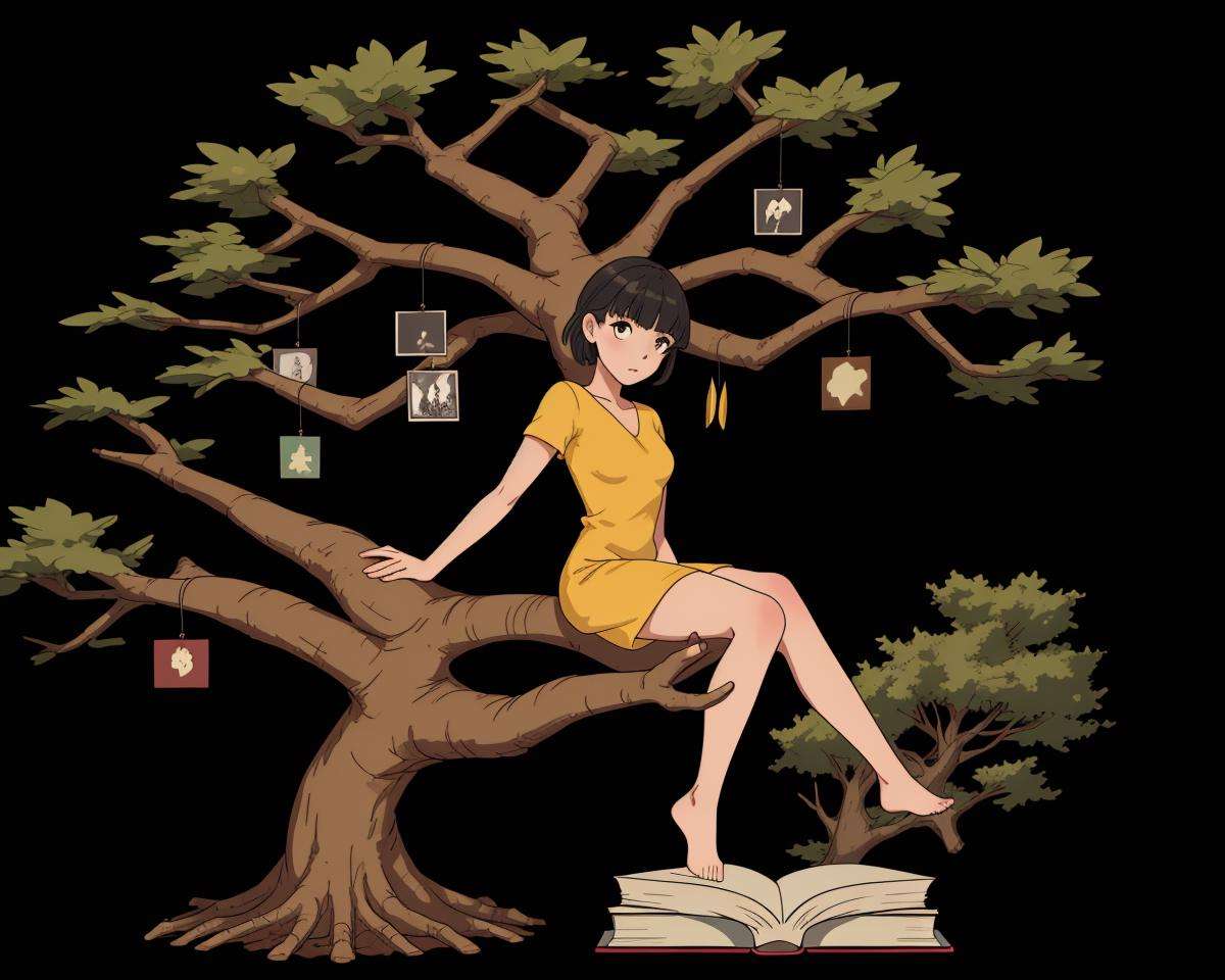 1girl on a book, tree, black background