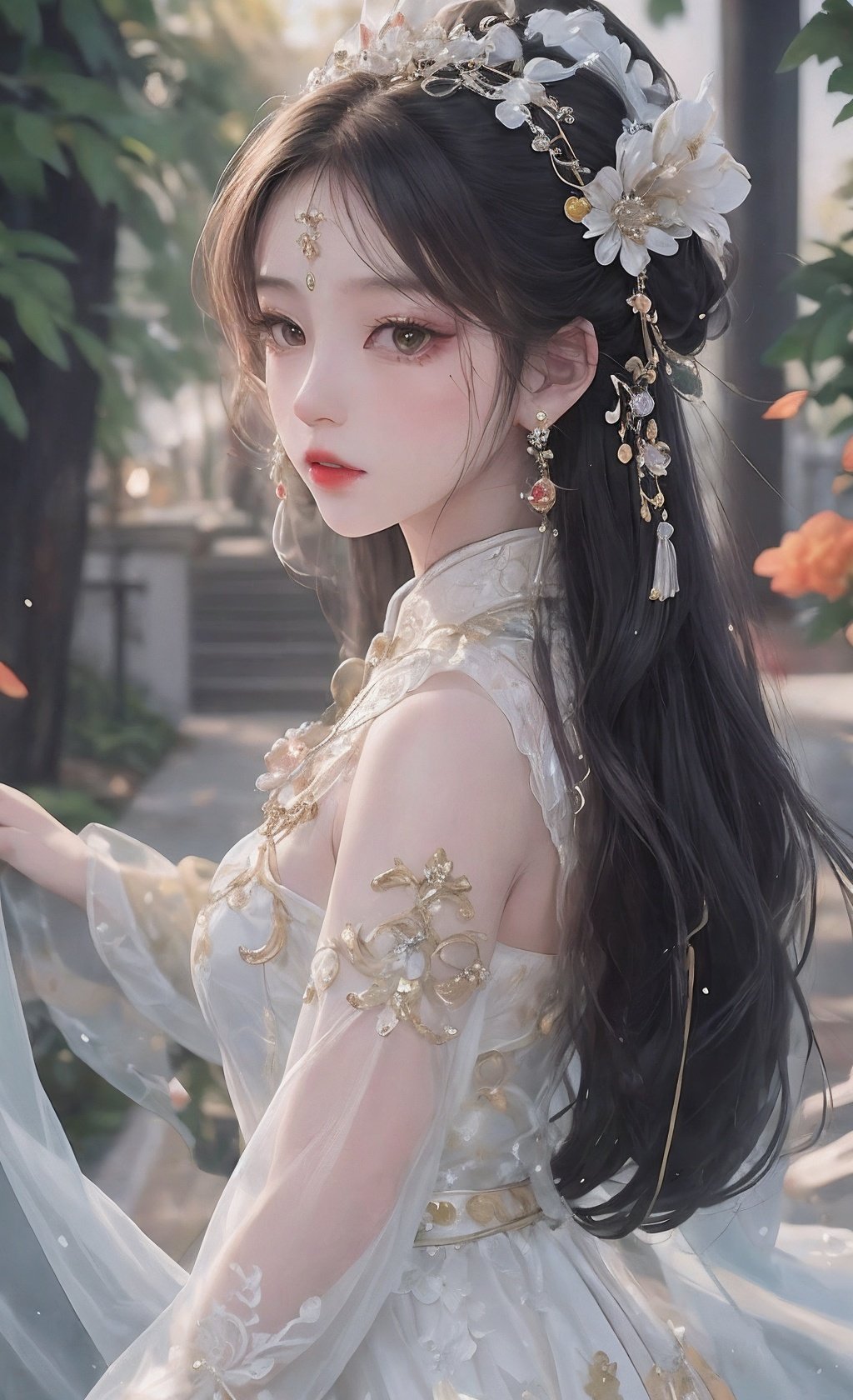 delicate and beautiful, best quality, Masterpiece, Hyper detailed, Intricate detail, Exquisite detail, 1girl, solo, fullbody, looking at viewer, earrings, black hair, hair ornament, hair bun, double bun, makeup, red lips, chinese clothes, jewelry, <lora:shoushi-000016:.7>