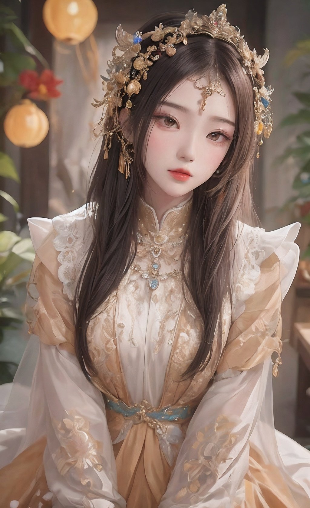 delicate and beautiful, best quality, Masterpiece, Hyper detailed, Intricate detail, Exquisite detail, 1girl, solo, fullbody, looking at viewer, earrings, black hair, hair ornament, hair bun, double bun, makeup, red lips, chinese clothes, jewelry, <lora:shoushi-000016:.7>