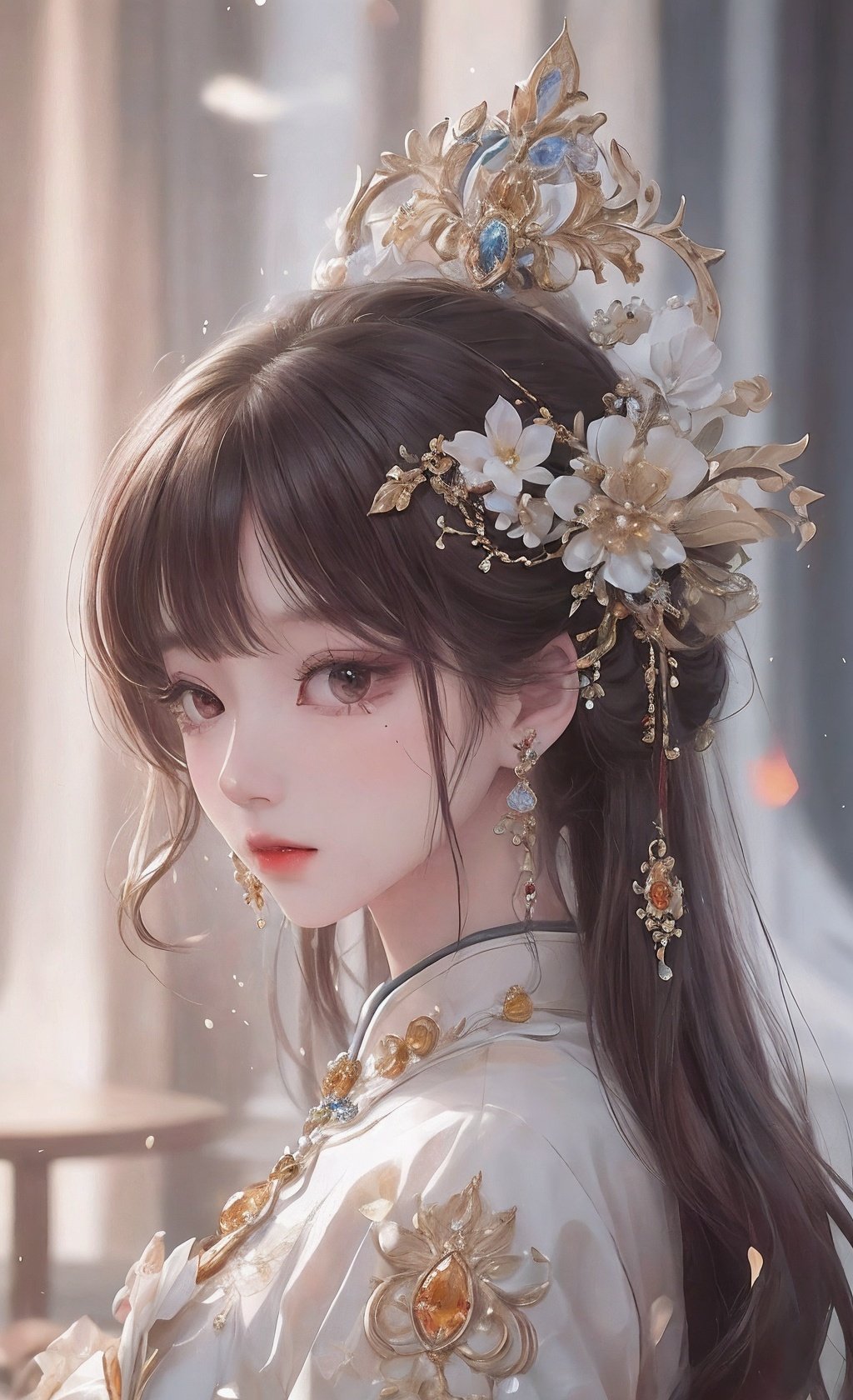 delicate and beautiful, best quality, Masterpiece, Hyper detailed, Intricate detail, Exquisite detail, 1girl, solo, fullbody, (flat shoes with floral printed silk), earrings, black hair, hair ornament, hair bun, double bun, makeup, red lips, chinese clothes, jewelry, <lora:shoushi-000016:.7>