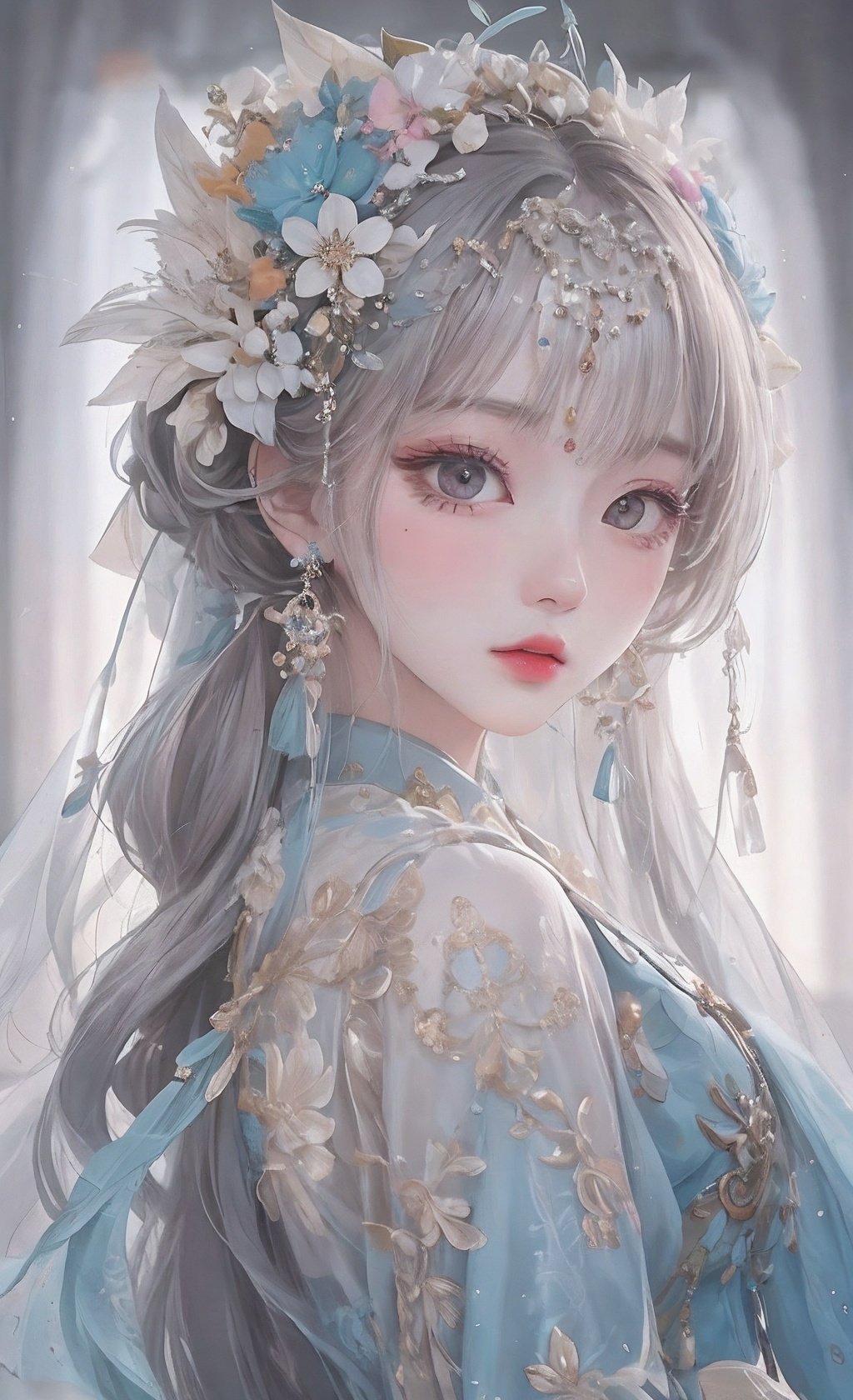 delicate and beautiful, best quality, Masterpiece, Hyper detailed, Intricate detail, Exquisite detail, 1girl, solo, fullbody, (flat shoes with floral printed silk), earrings, black hair, hair ornament, hair bun, double bun, makeup, red lips, chinese clothes, jewelry, <lora:shoushi-000016:.7>