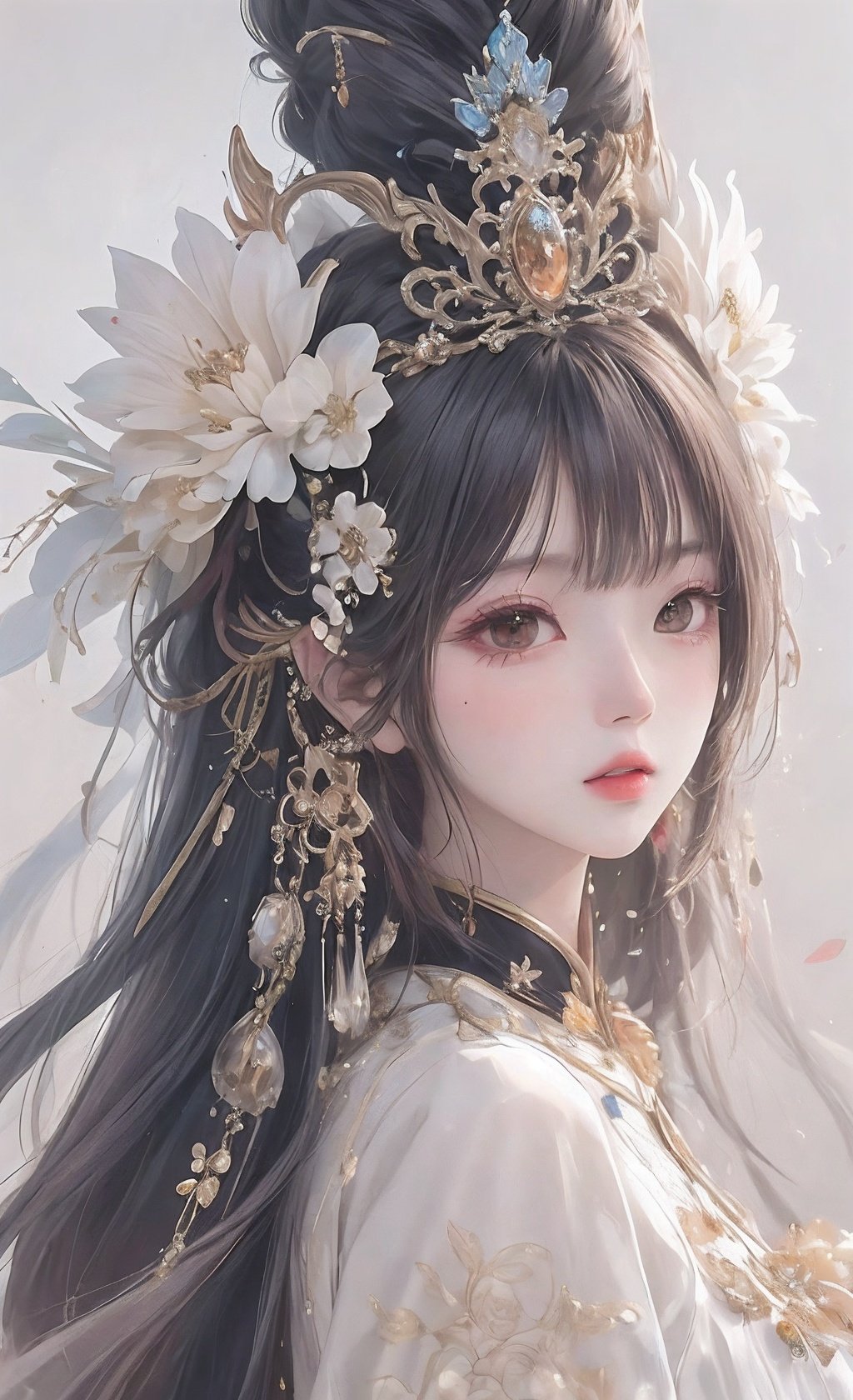 delicate and beautiful, best quality, Masterpiece, Hyper detailed, Intricate detail, Exquisite detail, 1girl, solo, fullbody, (flat shoes with floral printed silk), earrings, black hair, hair ornament, hair bun, double bun, makeup, red lips, chinese clothes, jewelry, <lora:shoushi-000016:.7>