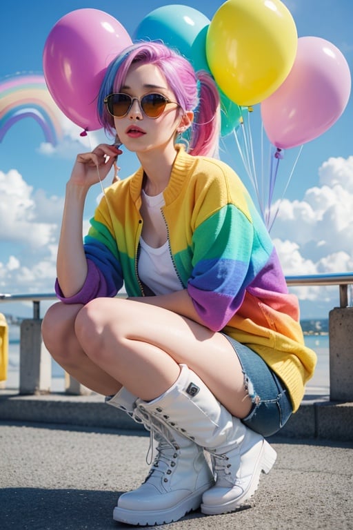 masterpiece, best quality,1 girl, pretty and cute, (rainbow color Highlight Hair,colorful hair:1.4), wearing blue and purple sunglasses, yellow jacket with white pattern, white sweater, many colored balloons, doll face, ponytail braid, perfect detail eyes, delicate face, perfect cg, HD quality, colored balloons, sky ,colorful boots,full_body