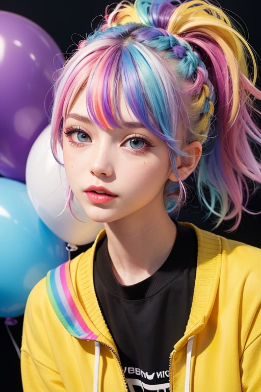 masterpiece, best quality,1 girl, pretty and cute, (rainbow color Highlight Hair,colorful hair:1.4), wearing blue and purple sunglasses, yellow jacket with white pattern, white sweater, many colored balloons, doll face, ponytail braid, perfect detail eyes, delicate face, perfect cg, HD quality, colored balloons, sky ,black boots