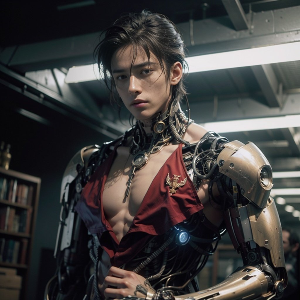 1boy, dramatic lighting, big muscle, (cyborg:1.2), red tuxedo，chest tattoo, kure (kure ng)