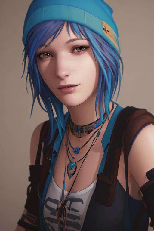 masterpiece, best quality, high quality, extremely detailed CG unity 8k wallpaper,A portrait of chloeprice, blue hair, brown eyes, looking at viewer, hyperrealistic, ultra detailed, beanie, choker, tattos