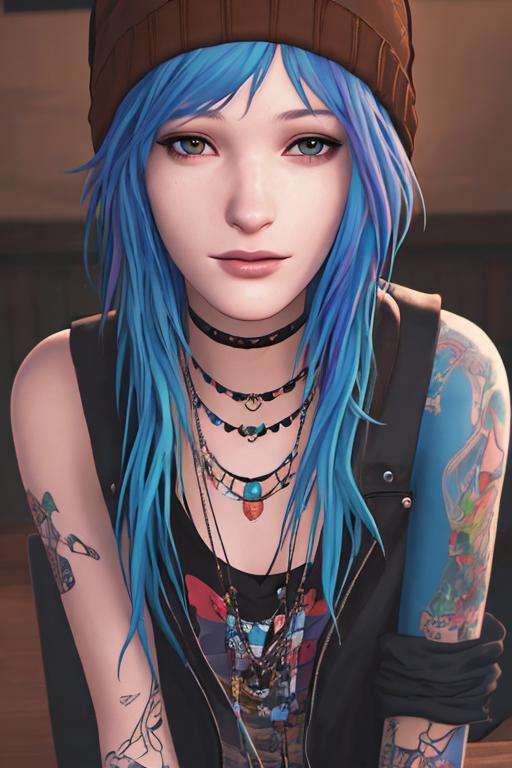 masterpiece, best quality, high quality, extremely detailed CG unity 8k wallpaper,A portrait of chloeprice, blue hair, brown eyes, looking at viewer, hyperrealistic, ultra detailed, beanie, choker, tattos, kissing a girl