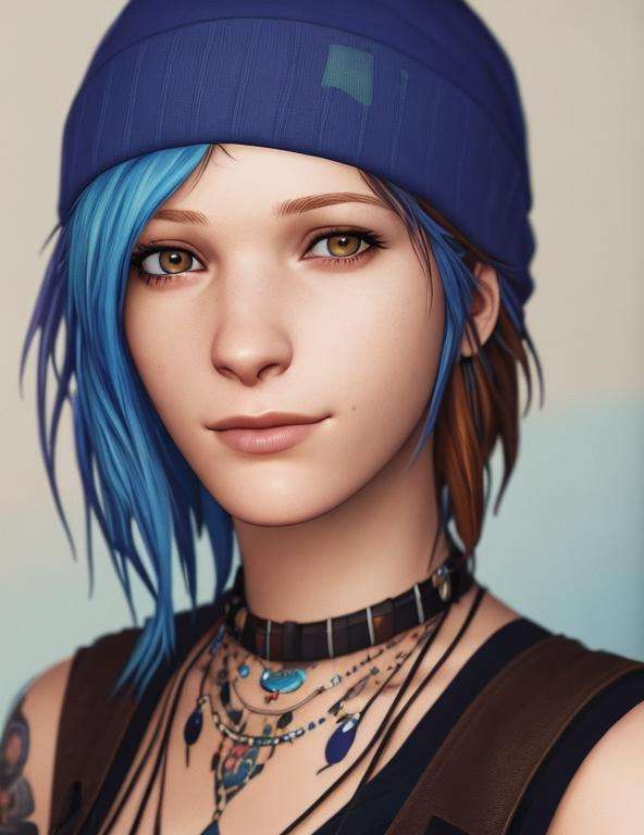 masterpiece, best quality, high quality, extremely detailed CG unity 8k wallpaper,A portrait of chloeprice, blue hair, brown eyes, looking at viewer, hyperrealistic, ultra detailed, beanie, choker, tattos