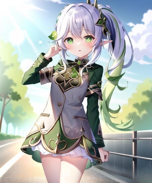 masterpiece , best quality,nahida(genshin impact) ,1girl , small breast,long hair ,side ponytail, hair ornament , white hair , green hair , hand behind head:1.5,multicolored hair, elf , pointy ears , school uniform , skirt ,cardigan,road , street,looking at the viewers<lora:nahida_genshin_impact:0.8> 