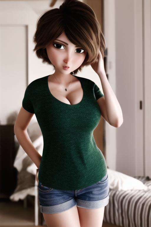 aunt cass, breasts, 1girl, brown hair, solo,green eyes, green shirt , upper body , angry, looking at viewer, bedroom, cleavage, huge breast,mature female,4k,ultra detailed,3d,best quality,depth of field,  <lora:aunt_cass:0.8>