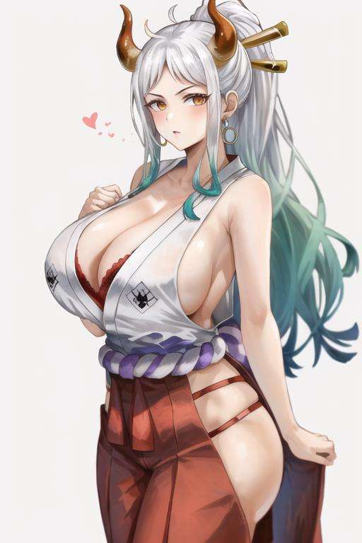 masterpiece, best quality,yamato\(one piece\), 1girl, solo,huge breast,sideboob, horns, japanese clothes, long hair,earrings,  hair stick, multicolored hair, curled horns, looking at viewer, sleeveless kimono, shimenawa, multicolored horns, white hair, bare shoulders, green hair,  oni, breasts, red hakama pants, orange eyes, waist gap , no panty , bra<lora:yamato_onepiece:0.7>