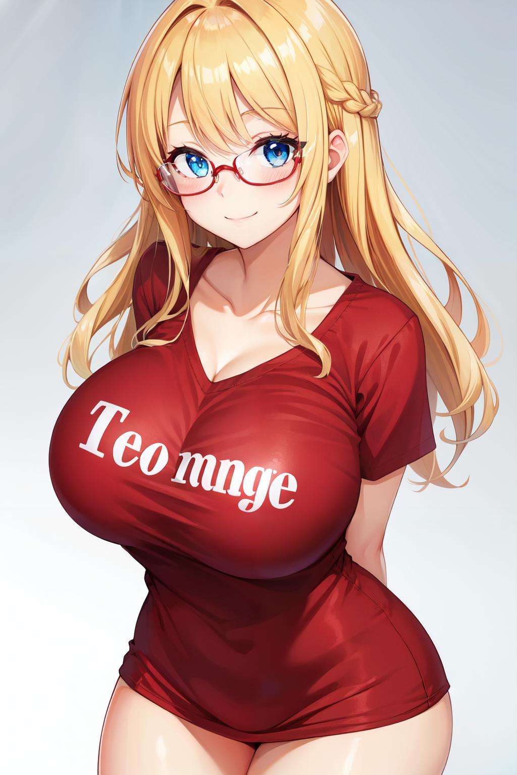 pajama challange, short sleeves, simple background, white background, long hair, arms behind back, glasses, t-shirt, solo, looking at viewer, bangs pinned back, blonde hair, blue eyes, red shirt, blush, english text, hair pulled back, folded hair, cowboy shot, huge breasts, shirt, thighs, 1girl, smile, closed mouth, breasts, collarbone, clothes writing