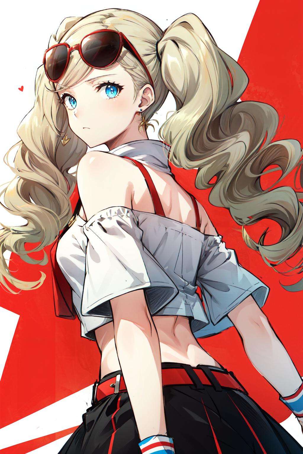 <lora:takamaki_anne-07:1>takamaki anne(persona 5), solo, jewelry, red belt, earrings, blue eyes, heart earrings, crop top, heart, sunglasses, bare shoulders, belt, shirt, blonde hair, off-shoulder shirt, looking back, 1girl, off shoulder, wristband, twintails, long hair, looking at viewer, midriff