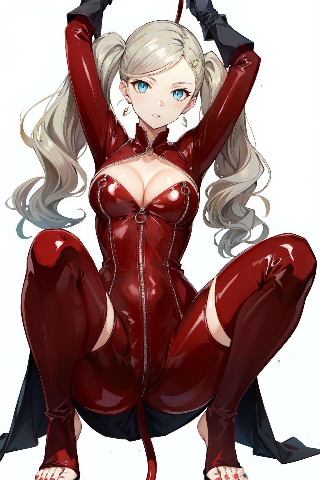 <lora:takamaki_anne-07:1>takamaki anne(persona 5), solo, jewelry, spread legs, swept bangs, medium breasts, holding, fake tail, whip, earrings, white background, blue eyes, full-length zipper, cleavage, feet, zipper, full body, squatting, tiptoes, simple background, nail polish, grey hair, blonde hair, clothing cutout, bodysuit, 1girl, holding whip, red bodysuit, toenails, parted lips, twintails, cleavage cutout, long hair, arms up, toes, stud earrings, toenail polish, looking at viewer, red nails, gloves, tail