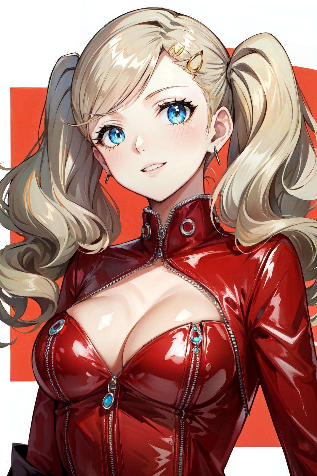 <lora:takamaki_anne-07:1>takamaki anne(persona 5), solo, jewelry, swept bangs, medium breasts, earrings, blue eyes, cleavage, pink gloves, zipper, hair ornament, smile, blonde hair, clothing cutout, upper body, bodysuit, 1girl, parted lips, twintails, hairclip, long hair, cleavage cutout, stud earrings, red background, looking at viewer, shiny, gloves