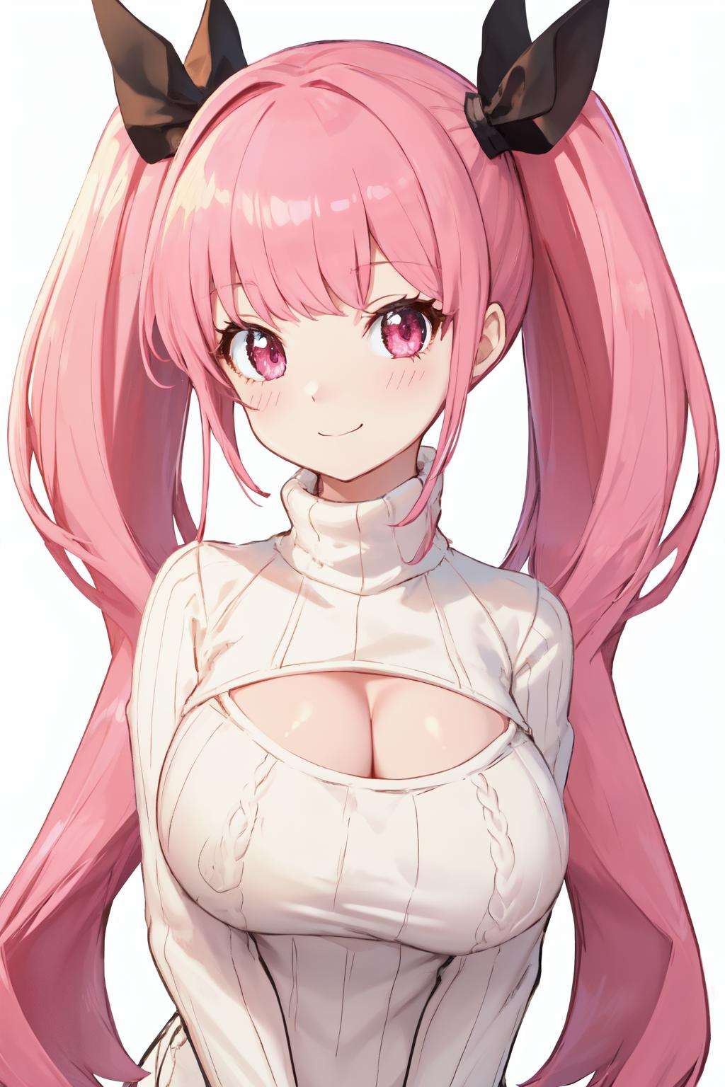 <lora:open-chest-sweater:1> open chest sweater, 1girl, breasts, solo, pink hair, hilda valentine goneril, twintails, sweater, clothing cutout, cleavage cutout, cleavage, long hair, pink eyes, meme attire, smile, large breasts, white background, simple background, upper body, looking at viewer, bangs, turtleneck, closed mouth, ribbed sweater, blunt bangs, blush, turtleneck sweater