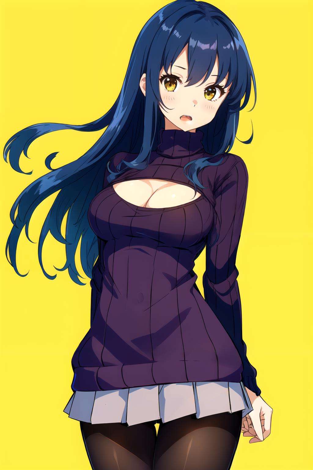 <lora:open-chest-sweater:0.7>open chest sweater, 1girl, solo, pantyhose, yellow background, cleavage cutout,  simple background, turtleneck, brown eyes, blush, open mouth, cleavage, arms behind back, ribbed sweater, cowboy shot, black pantyhose, blue  hair, turtleneck sweater, purple sweater, looking at viewer, medium hair, teeth,long sleeves, standing, large breasts, long hair