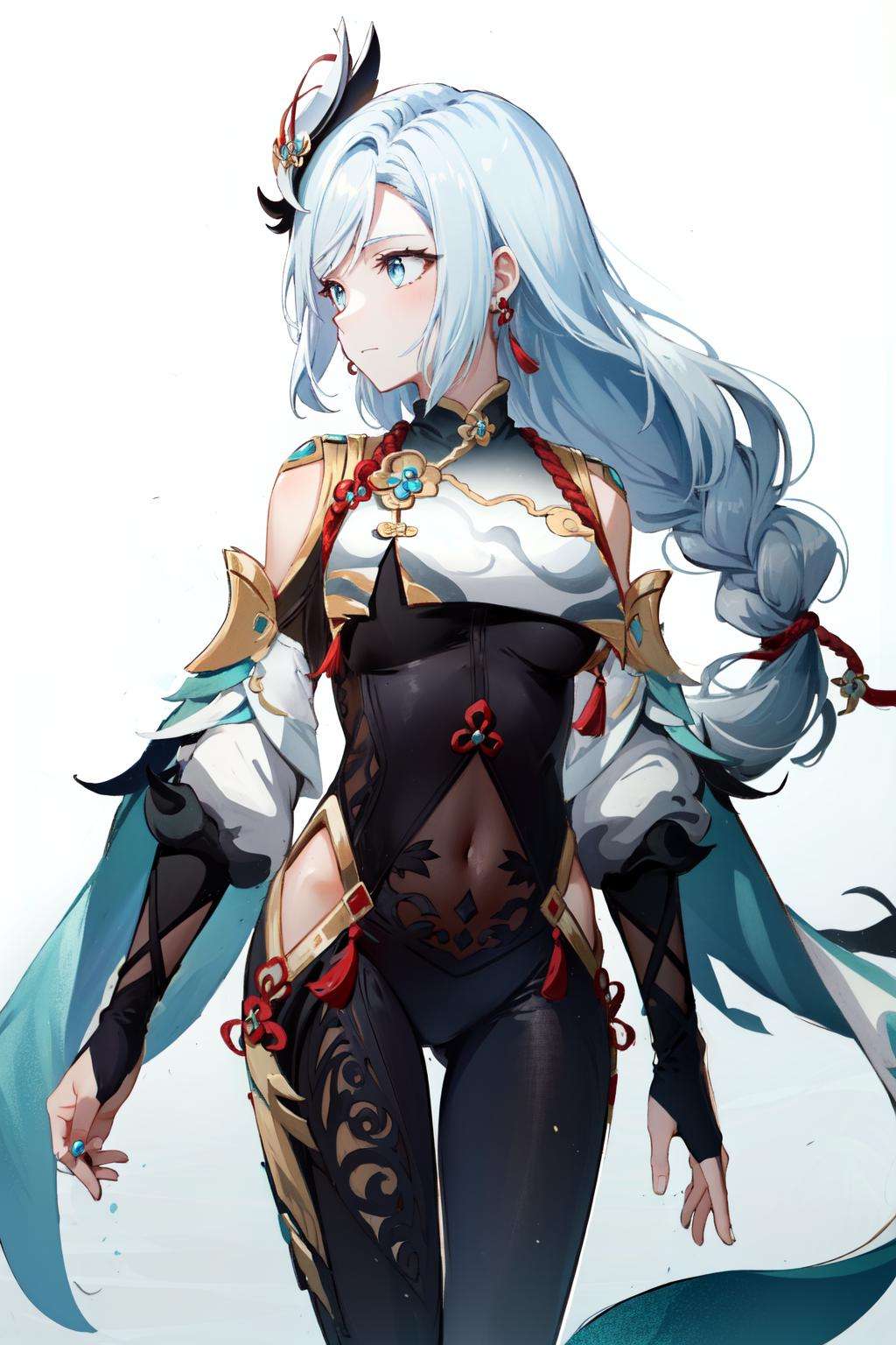 <lora:shenhe-10:1>shenhe(genshin impact), tassel, hip vent, braided ponytail, 1girl, looking to the side, blue eyes, braid, hair ornament, jewelry, grey hair, solo, white hair, gloves, long hair, earrings, bodysuit, breast curtain, black bodysuit, black gloves, covered navel