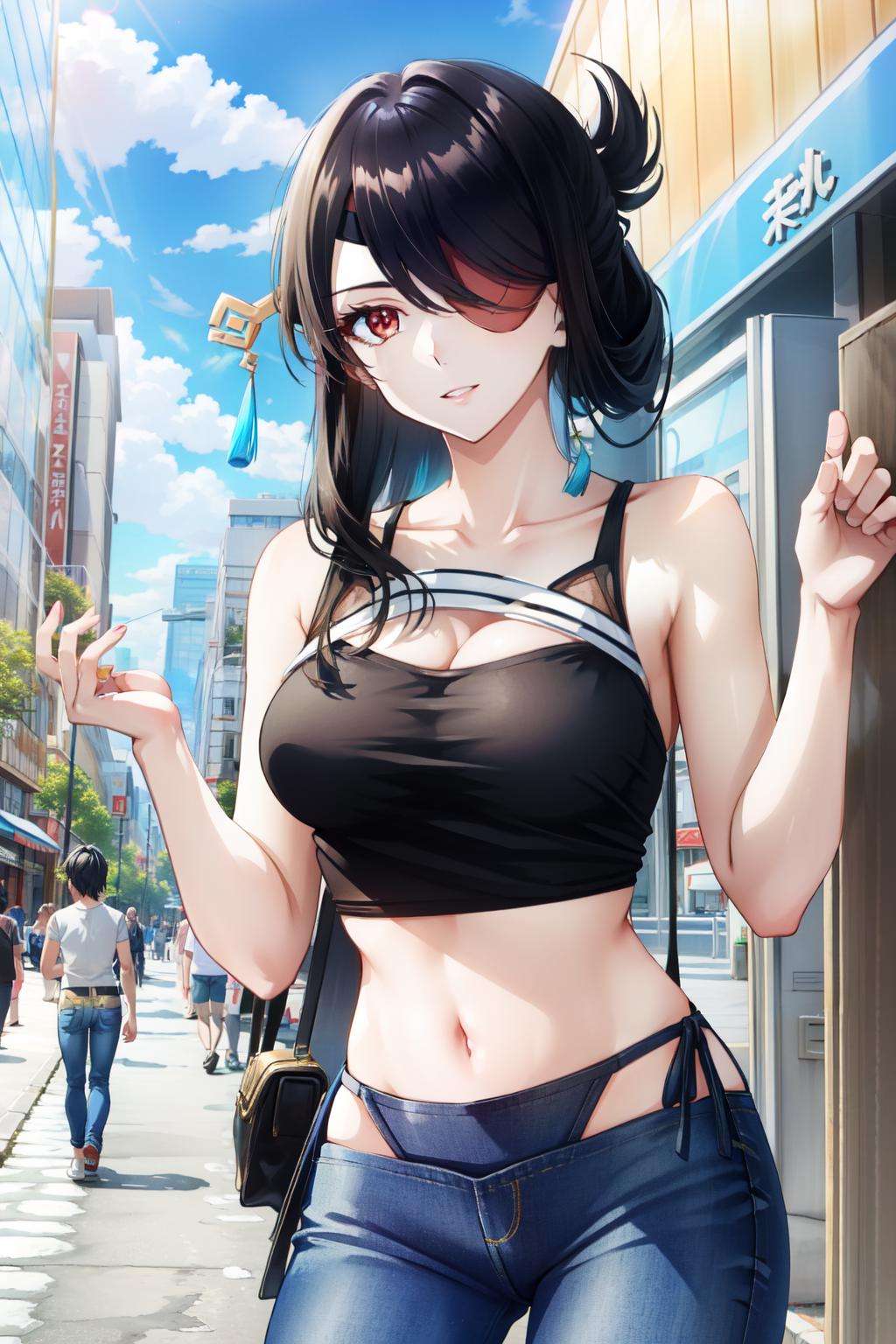 bikini jeans, 1girl ,solo , crop top, crowd,tank top, cowboy shot,  jeans, street<lora:bikini_jeans-10:0.7> , beidou(genshin impact), long hair, red eyes, eyepatch, <lora:beidou:1> 