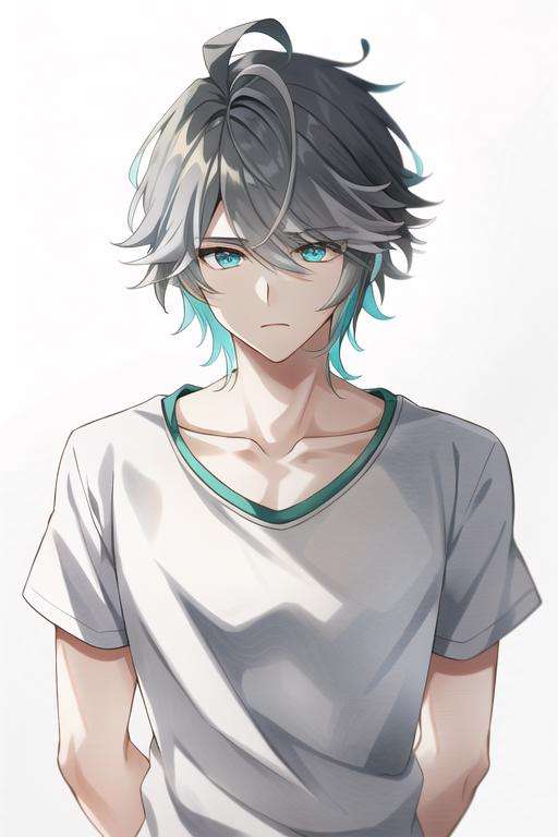 masterpiece, best quality,alhaitham\(genshin impact\), boy,solo, grey hair, bangs, upper body,  looking at viewer,aqua eyes, silver hair,symmetrical eyes,  ahoge, short hair,hair between eyes, multicolored hair, arms behind back, swept bangs, , (white t-shirt:1.4),  parted bangs, yellow background,  <lora:alhaitham:0.6>