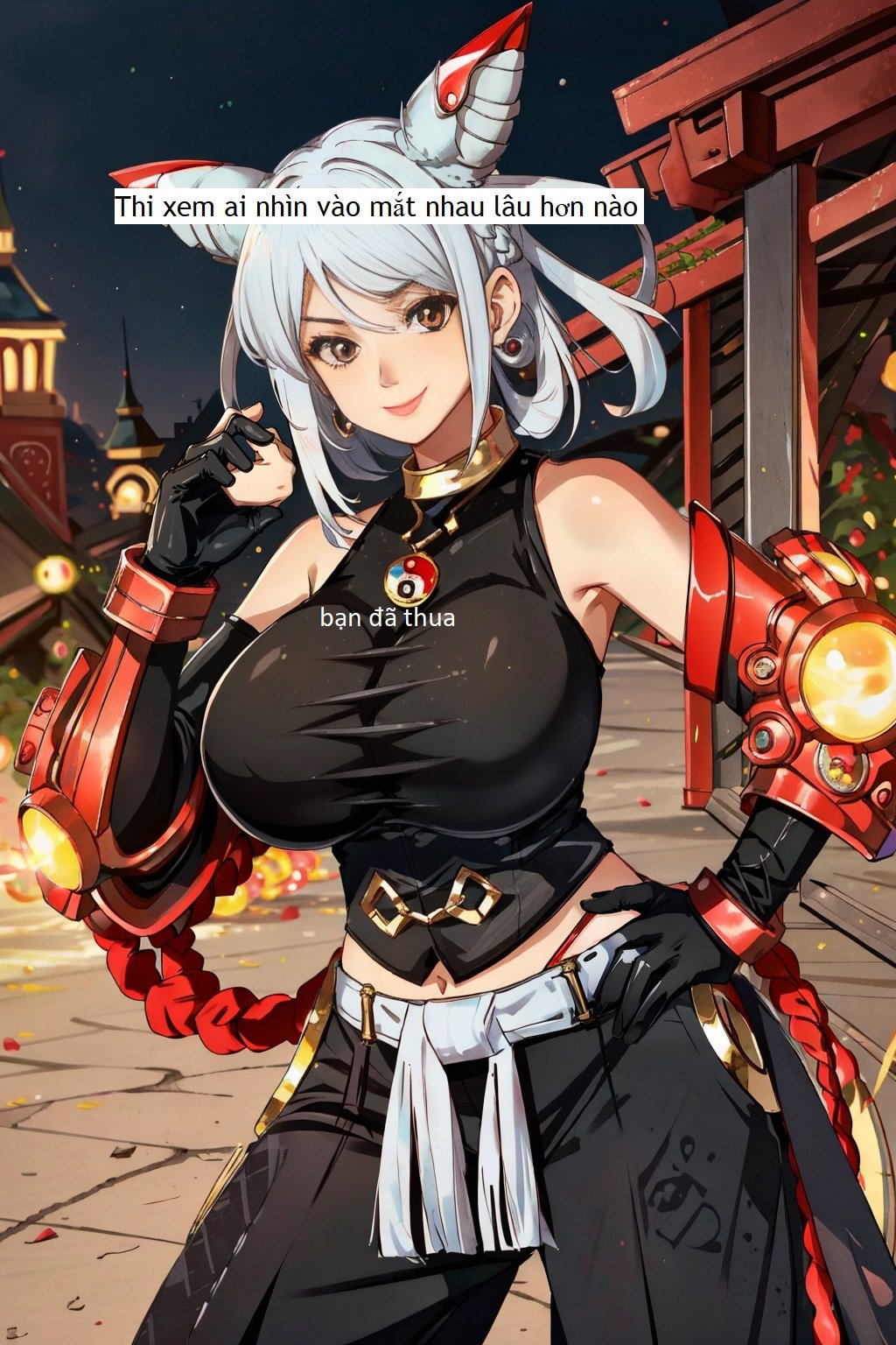 ((Big breasts)),((Big breasts)), 1girl, solo, looking at viewer, smile, gloves, brown eyes, jewelry, white hair, food, horns, pants, blurry, hand on hip, hair rings, yin yang, baozi  <lora:Qi-09:0.9>, castle, dark, fire, broken earth, arm armor, boxing hand, metal boxing gloves,  puff cheeks, ( dumplings in hand),, Low fade